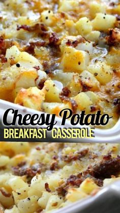 cheesy potato breakfast casserole in a white dish with the title above it