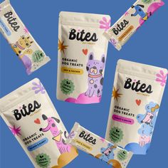 four bags of bites organic dog treats on a blue background