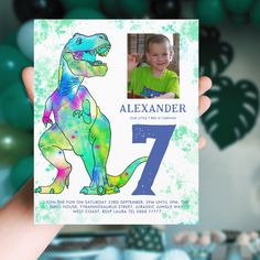 a child's birthday card with an image of a t - rex on it