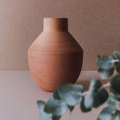 a brown vase sitting on top of a table next to a green leafy plant