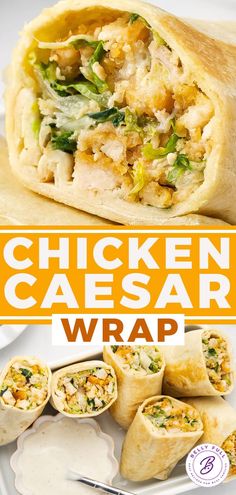 the chicken caesar wrap is cut in half and ready to be eaten