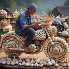 a man riding on the back of a motorcycle made out of corn and garlic bulbs