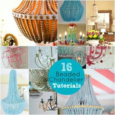 a collage of beaded chandeliers with text overlay that reads 16 beaded chandelier tutorials