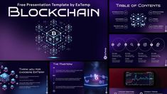 the blockchain powerpoint presentation is displayed in purple and blue tones with hexagonal shapes