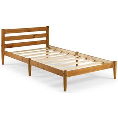 a bed frame with wooden slats and no headboard on the bottom side, in front of a white background