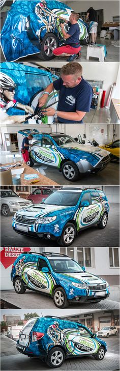 three different pictures of cars with people working on them