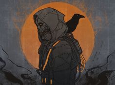 a drawing of a man with a crow on his back and the moon in the background