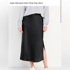 New With Tags Old Navy High Waisted Skirt Size: Xl (Tall) Smooth Satin- 100% Polyester Black Slip Skirt Outfit, Black Satin Midi Skirt, Slip Skirt Outfit, Church Skirts, Jersey Knit Skirt, Black Satin Skirt, Midi Slip Skirt, Navy Midi Skirt, Spring Skirt Outfits