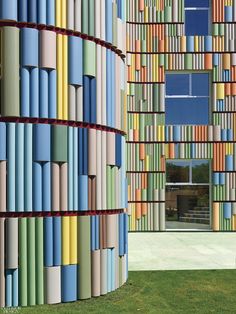 the building is made up of multicolored books