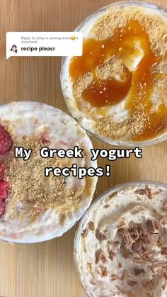 three desserts with different toppings in bowls on a wooden table, one containing yogurt and the other containing raspberries