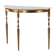 an oval marble top console table with gold metal legs and two white marble tops on each end