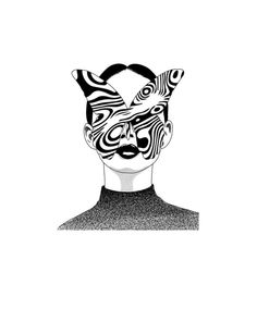 a black and white drawing of a man's face with an animal mask on