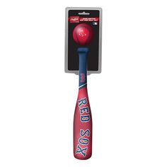a baseball bat with a red ball on it's head and the words boston red sox in blue lettering