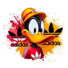 a cartoon duck wearing a hat with adidas on it's head and an orange splash