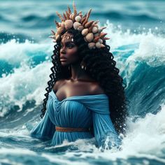 a woman in blue dress standing in the ocean with seashells on her head