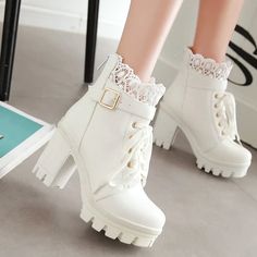 Lace Ankle Boots Student Shoes, Lace High Heels, Lace Ankle Boots, Gothic Shoes, High Heel Ankle Boots, Kawaii Shoes, Girly Shoes, Pu Heels, Sport Style