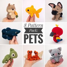 there are eight different crocheted animals in this photo and the text reads 8 pattern pack pets
