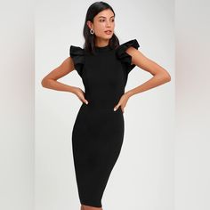 Ended Up Wearing Something Else For A Party. It’s A Beautiful Dress! Still In Its Original Packaging. Black Puff Sleeve Dress, Chic Black Dress, Black Backless Dress, Party Dress Classy, Ruffle Bodycon, Winter Dress Outfits, Christmas Party Dress, Winter Formal, Bodycon Midi Dress