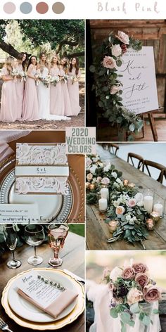 a collage of photos with flowers and greenery on them, including the bridesmaid's table