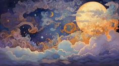 an artistic painting of clouds and the moon