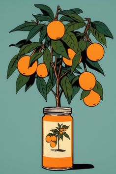 an orange tree in a jar with leaves and fruit on the top, against a blue background