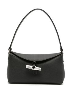 black calf leather grained texture tonal stitching internal logo plaque clasp fastening single flat top handle main compartment internal slip pocket suede lining Longchamp Roseau Shoulder Bag, Longchamp Leather Bag, Longchamp Shoulder Bag, Longchamp Leather, Longchamp Roseau, Longchamp Small, Bag Farfetch, 2024 Wishlist, Inspo Outfit