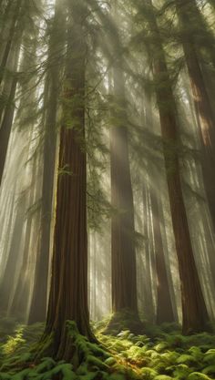 the sun shines through the foggy trees and mossy ground in a forest