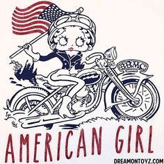 an american girl on a motorcycle with the american flag