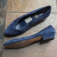 1980's true vintage suede slip-on shoes. Low heels, pretty much "flats", leather outsole. Darker navy blue color. Tagged as size 8, run a little narrow, and lean more toward 7.5. so if you wear 7.5/sometimes 8 narrow, these should work! The leather is super soft! Overall great condition, there is a little ding on the back of the left heel as shown in the picture, but it really doesn't show when they're on your feet. Shoes Low Heels, Women's Slip Ons, Black Suede Shoes, Shoes Low, Blue Suede Shoes, Vintage Suede, Navy Blue Color, Dark Navy Blue, Blue Suede