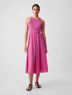 Soft ribbed knit and textured crinkle mixed media midi dress.  Boat neck.  Sleeveless.  Elasticized waist.  Lined skirt.  * Fit: Slim.  A fit & flare silhouette that sits close to the body & flares at the waist.  Hits below the knee.  Models wearing Gap Teacher Outfits, Clothing Closet, Pink Chinos, Europe Trip, Clothes Closet, Lined Skirt, Midi Dress Sleeveless, Lovely Dresses, Modest Dresses