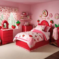 Strawberry Shortcake Room Ideas, Cherry Themed Room, Pink And Red Bedroom Aesthetic, Strawberry Room Aesthetic, Strawberry Shortcake Room, Strawberry Room, Cherry Bedroom