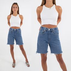 90s 1990s Blue LEVIS Denim Shorts | Long Shorts | Mid Blue Denim | Cut Off Shorts | High Waist Shorts - Size XS / 24" For 10% off your first purchase visit - www.marlowvintage.com.au High waist Re-worked vintage Levis    EXCELLENT condition - These shorts are over 20 years old - some pairs may have very small marks/discolouration on them - this is normal for a vintage piece of this age. Please read 'Description' carefully:   Measurements Size: XS Waist: 24" Hips: ~ 39" Rise: ~ 11.5" Length: ~ 43 Denim Shorts Long, Vintage Levi Shorts, Levis Denim Shorts, 90s Denim, Vintage Levis Jeans, High Waist Shorts, Levis Denim, Cut Off Jeans, Levi Shorts