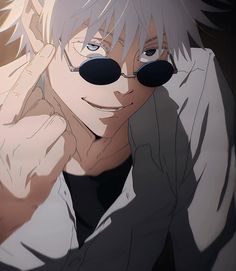 an anime character with white hair and glasses posing for the camera while holding his hand up to his face