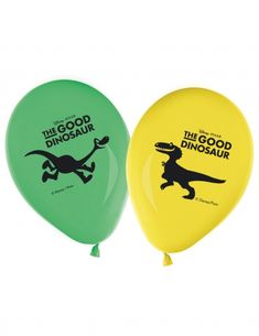 two green and yellow balloons with the words the good dinosaur printed on them are shown