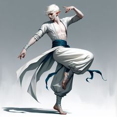 a man with white hair and blue pants is doing a dance move in front of a gray background