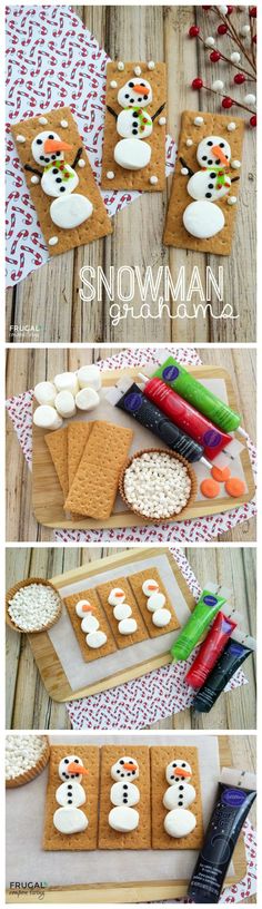 snowman cookies and marshmallows are arranged on a table with candy sticks