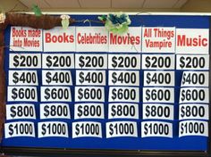 a sign advertising books and movies in front of a blue wall with prices on it