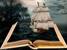 an open book with a pirate ship floating on the water in front of a full moon sky