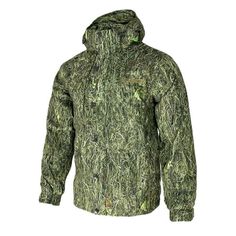 an image of a green jacket with the hood pulled up to show it's camouflage print