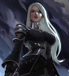 a woman with white hair and armor standing in the snow