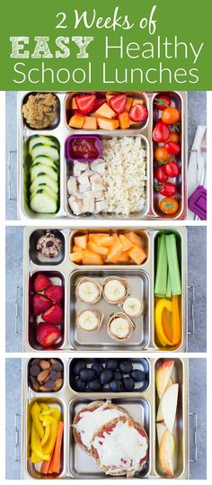 two lunch boxes filled with food and the words 2 weeks of easy healthy school lunches