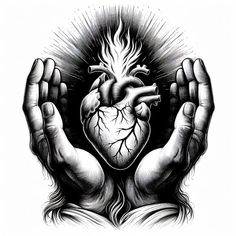 two hands holding a heart with flames coming out of the middle and on top of it