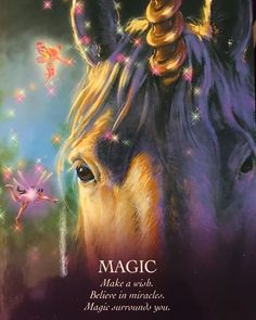 a card with an image of a unicorn's face and the words magic on it