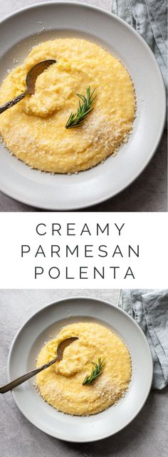 creamy parmesan polenta in a white bowl with a spoon on the side