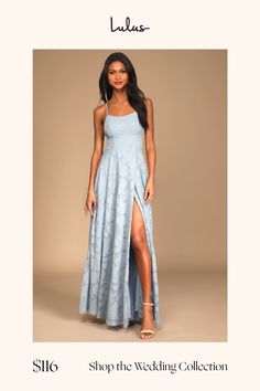 You're going to love how you look in the Lulus Let There Be Romance Slate Blue Burnout Floral Maxi Dress! Lightweight woven chiffon, with a burnout floral design throughout, shapes this dress that has crisscrossing adjustable straps, a straight neckline, and a princess-seamed bodice. A banded waist tops an overlapping maxi skirt. Hidden back zipper/clasp. Fit: This garment fits true to size. Length: Floor length. Size small measures 55" from top to bottom. Bust: Works best for A to C cup sizes. Light Blue Bridesmaid Dresses, Light Blue Bridesmaid, Gown Suit, Blue Bridesmaid Dress, Floral Chiffon Dress, Formal Dresses Gowns, Adhesive Bra, C Cup, Straight Neckline