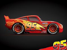 a red race car with flames on the side and number 95 painted on it's side