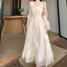 Size: 4XL, Color: Apricot Long Sleeve Ivory Dress, White Long Dress Aesthetic, Long Flowy White Dress, Flowy White Dress, White Flowy Dress, White Long Sleeve Dress, National Dress, Langer Rock, Ivory Dresses