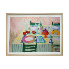 a painting of a table with plates and bowls on it, in front of a pink background