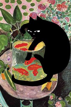 a black cat sitting on top of a bowl filled with goldfish