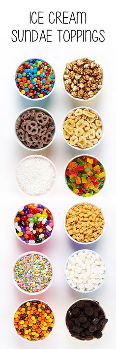 an ice cream sundae toppings poster with different kinds of candies in bowls